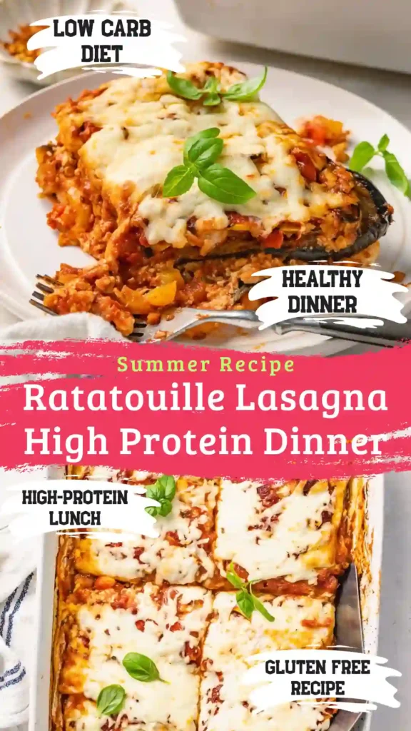 A bubbling hot dish of high protein ratatouille lasagna with golden melted cheese on a wooden dining table.