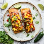 Family style platter of baked mango salsa salmon over a bed of white rice on a rustic table background.