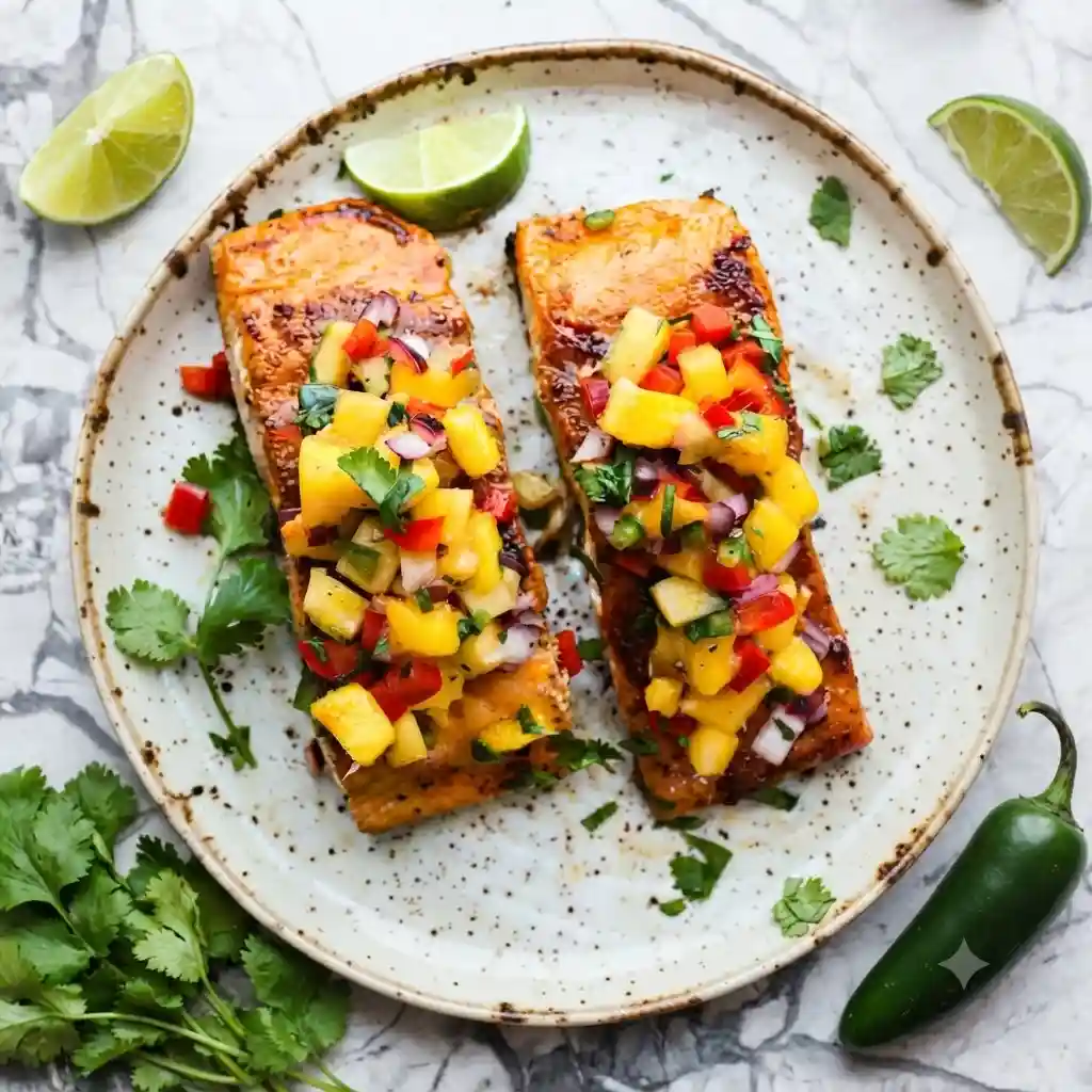 Family style platter of baked mango salsa salmon over a bed of white rice on a rustic table background.