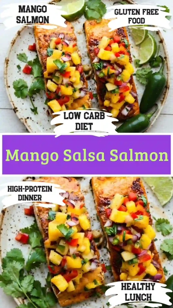 Family style platter of baked mango salsa salmon over a bed of white rice on a rustic table background.