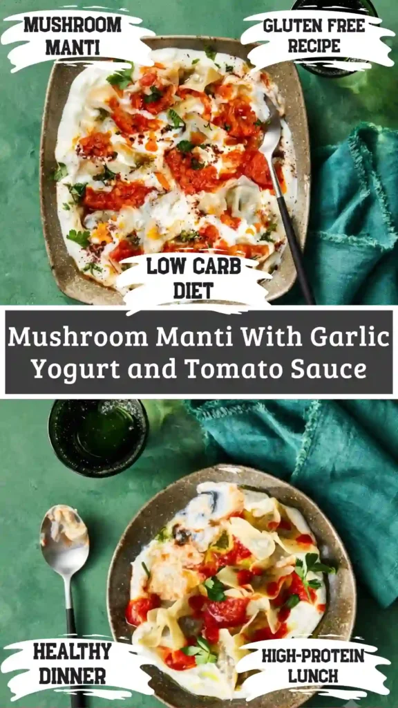 Family style platter of mushroom manti with garlic yogurt and tomato sauce on a white marble background.