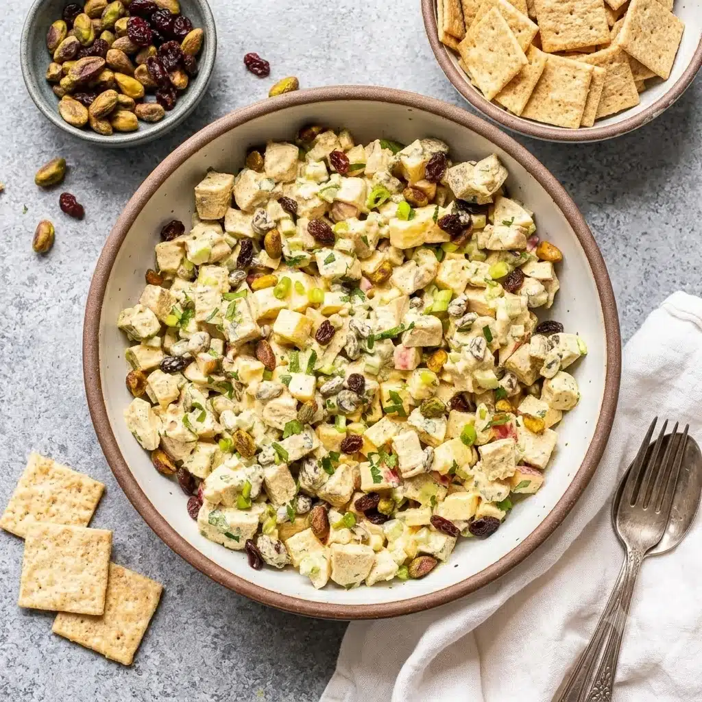 Minimalist presentation of simple classic chicken salad in a white ceramic bowl over a smooth white backdrop.