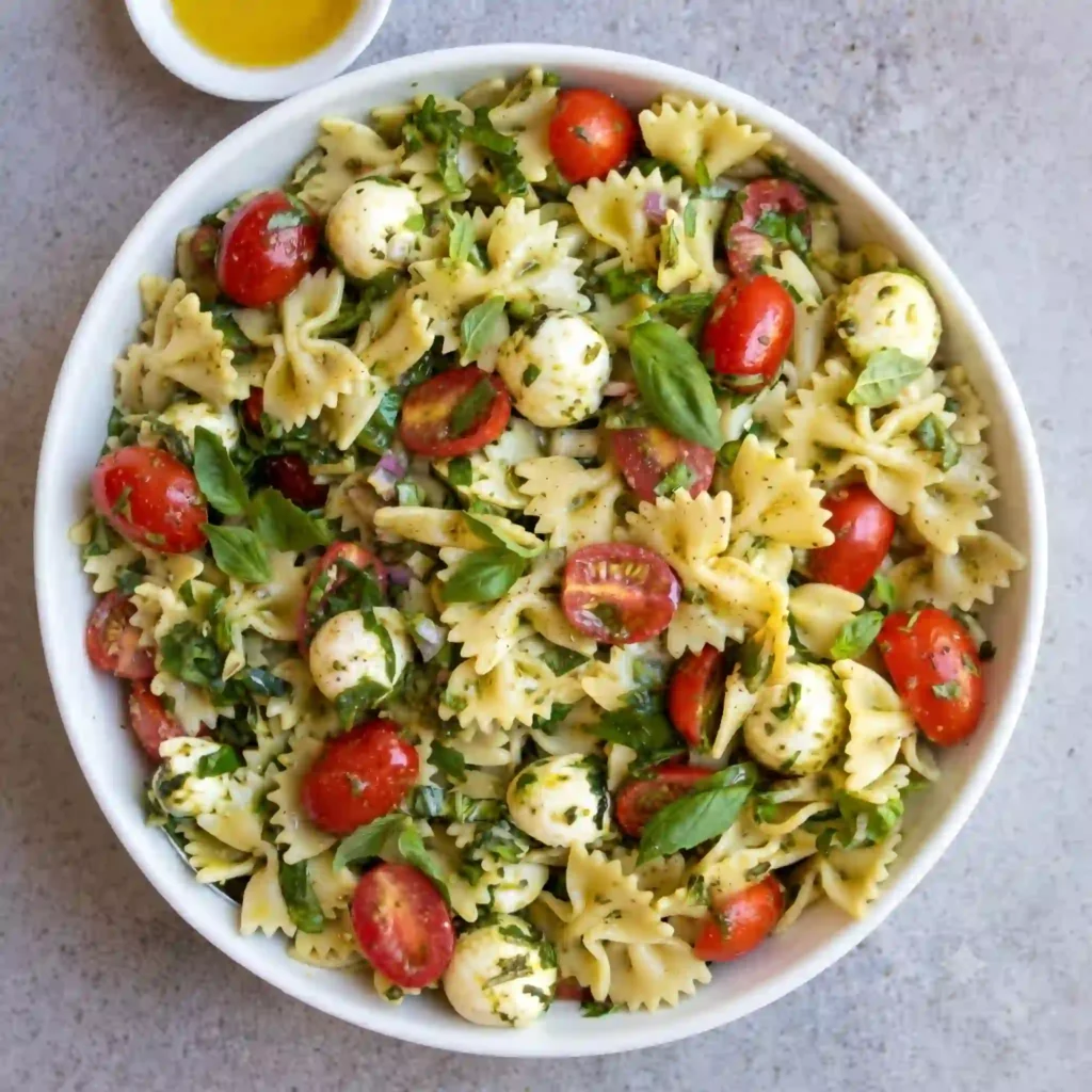 A wide ceramic bowl filled with traditional creamy bow tie pasta salad on a bright white marble background.