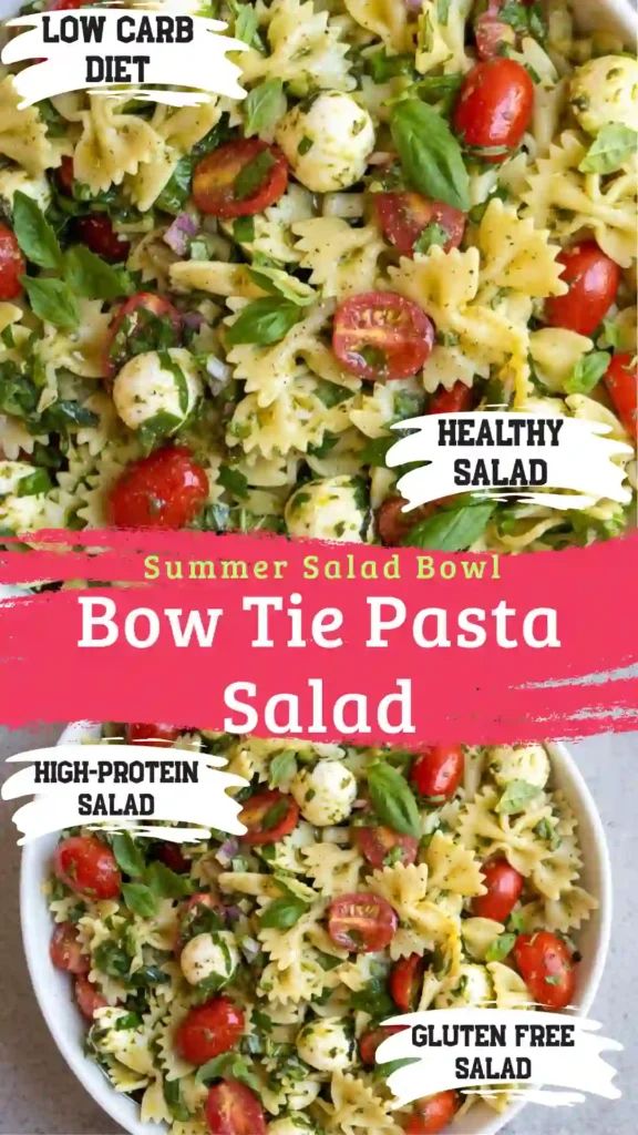 A wide ceramic bowl filled with traditional creamy bow tie pasta salad on a bright white marble background.