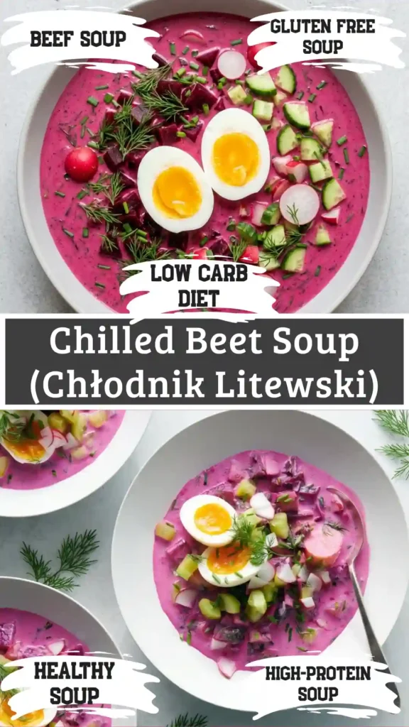 A wide ceramic tureen filled with traditional vibrant pink chilled beet soup on a bright white marble background.