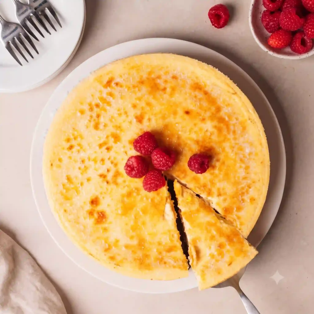 A wide porcelain stand holding a traditional vibrant crème brûlée cheesecake on a bright white marble background.