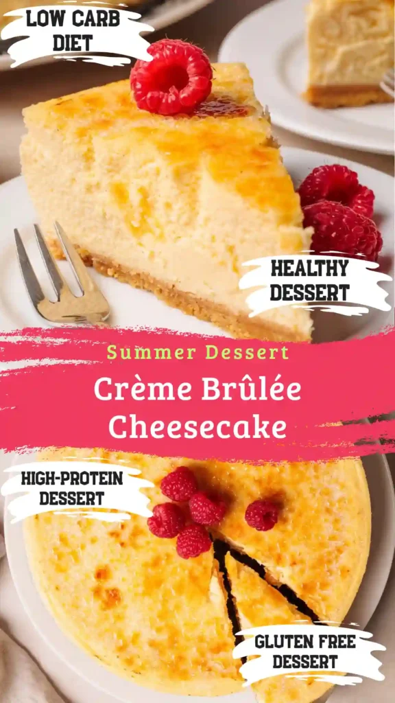 A wide porcelain stand holding a traditional vibrant crème brûlée cheesecake on a bright white marble background.