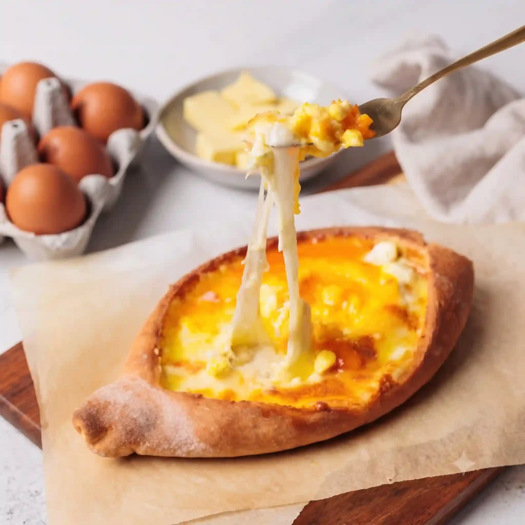 A traditional Georgian cheese bread boat filled with molten mozzarella and feta cheese on a marble background.