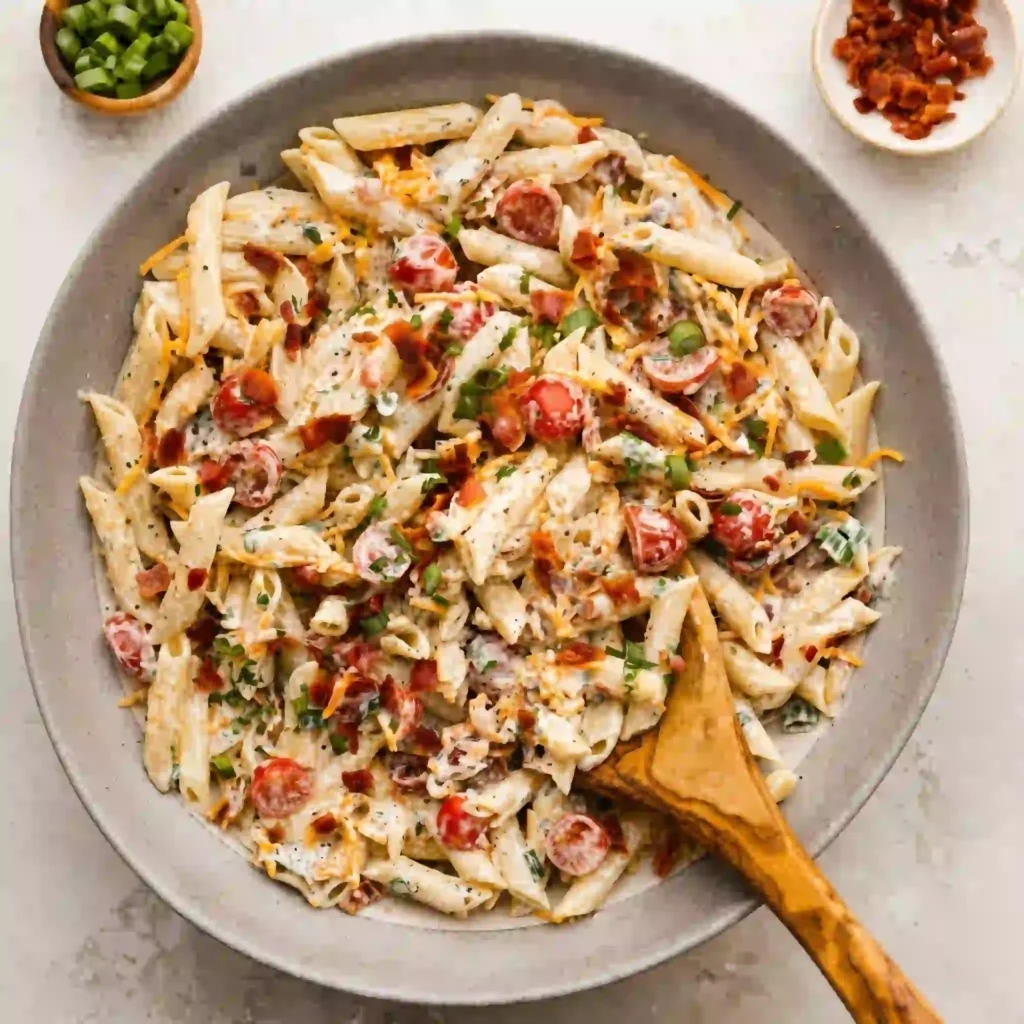 A wide ceramic bowl filled with traditional creamy million dollar pasta salad on a bright white marble background.